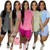 Plus Size Printed Casual Sports Short Sleeve Shorts Two Piece Set WAF-77590