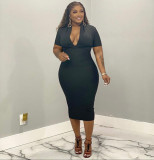 Plus Size Casual Solid Color V Neck Midi Dress WAF-77579