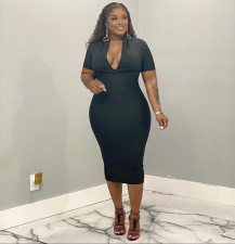 Plus Size Casual Solid Color V Neck Midi Dress WAF-77579
