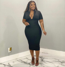 Plus Size Casual Solid Color V Neck Midi Dress WAF-77579