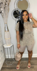 Plus Size Printed Casual Sports Short Sleeve Shorts Two Piece Set WAF-77590