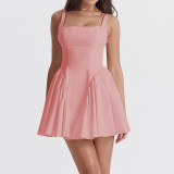 Solid Backless Tie Up Pleated Mini Dress MEI-9310