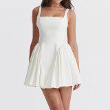Solid Backless Tie Up Pleated Mini Dress MEI-9310