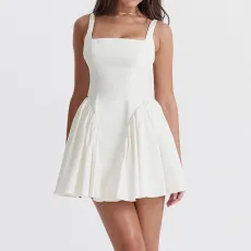 Solid Backless Tie Up Pleated Mini Dress MEI-9310