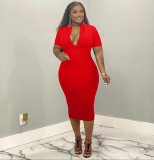 Plus Size Casual Solid Color V Neck Midi Dress WAF-77579
