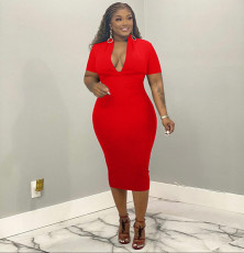 Plus Size Casual Solid Color V Neck Midi Dress WAF-77579