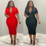 Plus Size Casual Solid Color V Neck Midi Dress WAF-77579