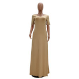 Plus Size Casual Solid Short Sleeve Long Dress TR-1015