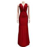 Solid Color V Neck Pleated Maxi Dress BY-6357