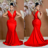 Solid Color V Neck Pleated Maxi Dress BY-6357