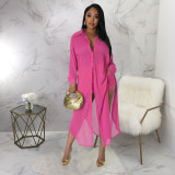 See-through Solid Chiffon Long Shirt And Shorts Two Piece Set YF-10501