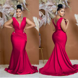 Solid Color V Neck Pleated Maxi Dress BY-6357