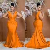 Solid Color V Neck Pleated Maxi Dress BY-6357