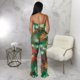 Sexy Print Sling Backless Flare Jumpsuit With Belt YF-10516