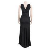 Solid Color V Neck Pleated Maxi Dress BY-6357