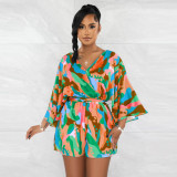Fashion Print Long Sleeve Backless Romper With Belt YF-10517