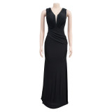 Solid Color V Neck Pleated Maxi Dress BY-6357