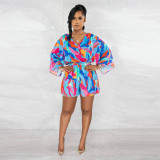 Fashion Print Long Sleeve Backless Romper With Belt YF-10517