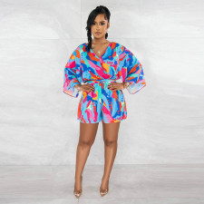 Fashion Print Long Sleeve Backless Romper With Belt YF-10517