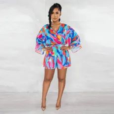 Fashion Print Long Sleeve Backless Romper With Belt YF-10517