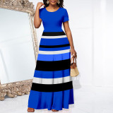 Short Sleeve Stripe Print Maxi Dress XHSY-19575