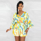 Fashion Print Long Sleeve Backless Romper With Belt YF-10517