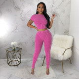 Solid Color O Neck Tops And Pants Tight 2 Piece Set YF-10514