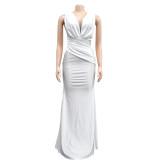 Solid Color V Neck Pleated Maxi Dress BY-6357