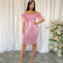Plus Size Sequin Off Shoulder Split Dress GKEN-211246