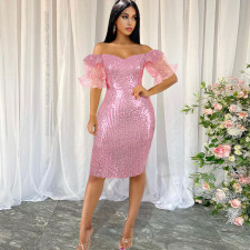 Plus Size Sequin Off Shoulder Split Dress GKEN-211246