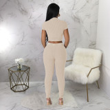 Solid Color O Neck Tops And Pants Tight 2 Piece Set YF-10514