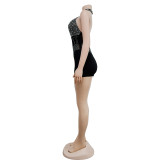 Sexy Hot Drill Halter Mesh Backless Romper BY-6390