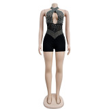 Sexy Hot Drill Halter Mesh Backless Romper BY-6390