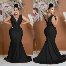 Solid Color V Neck Pleated Maxi Dress BY-6357