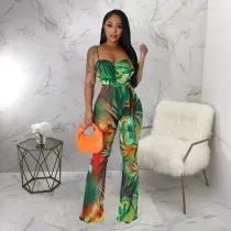 Sexy Print Sling Backless Flare Jumpsuit With Belt YF-10516