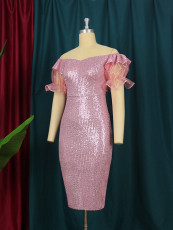 Plus Size Sequin Off Shoulder Split Dress GKEN-211246