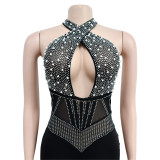 Sexy Hot Drill Halter Mesh Backless Romper BY-6390