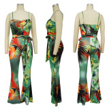Sexy Print Sling Backless Flare Jumpsuit With Belt YF-10516