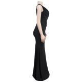 Solid Color V Neck Pleated Maxi Dress BY-6357