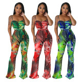 Sexy Print Sling Backless Flare Jumpsuit With Belt YF-10516