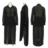 See-through Solid Chiffon Long Shirt And Shorts Two Piece Set YF-10501