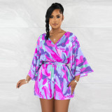 Fashion Print Long Sleeve Backless Romper With Belt YF-10517