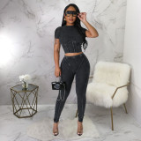Solid Color O Neck Tops And Pants Tight 2 Piece Set YF-10514