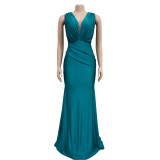 Solid Color V Neck Pleated Maxi Dress BY-6357
