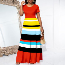 Short Sleeve Stripe Print Maxi Dress XHSY-19575