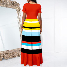 Short Sleeve Stripe Print Maxi Dress XHSY-19575