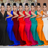 Solid Color V Neck Pleated Maxi Dress BY-6357