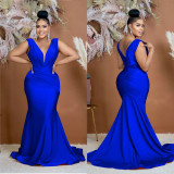 Solid Color V Neck Pleated Maxi Dress BY-6357
