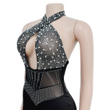 Sexy Hot Drill Halter Mesh Backless Romper BY-6390
