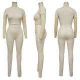 Solid Color O Neck Tops And Pants Tight 2 Piece Set YF-10514